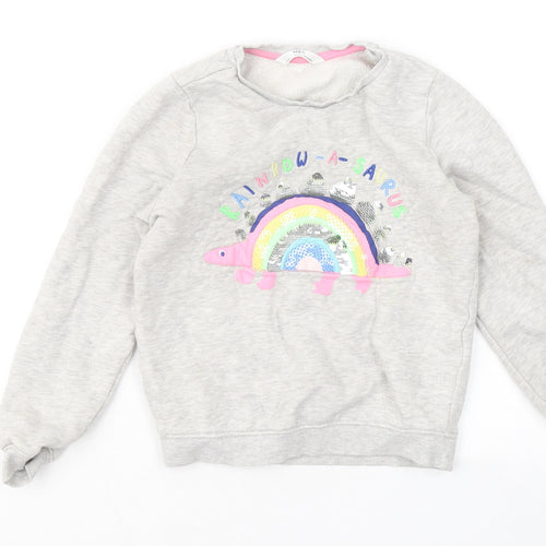 Marks and Spencer Girls Grey Cotton Pullover Sweatshirt Size 6-7 Years - Rainbow-a-saurus