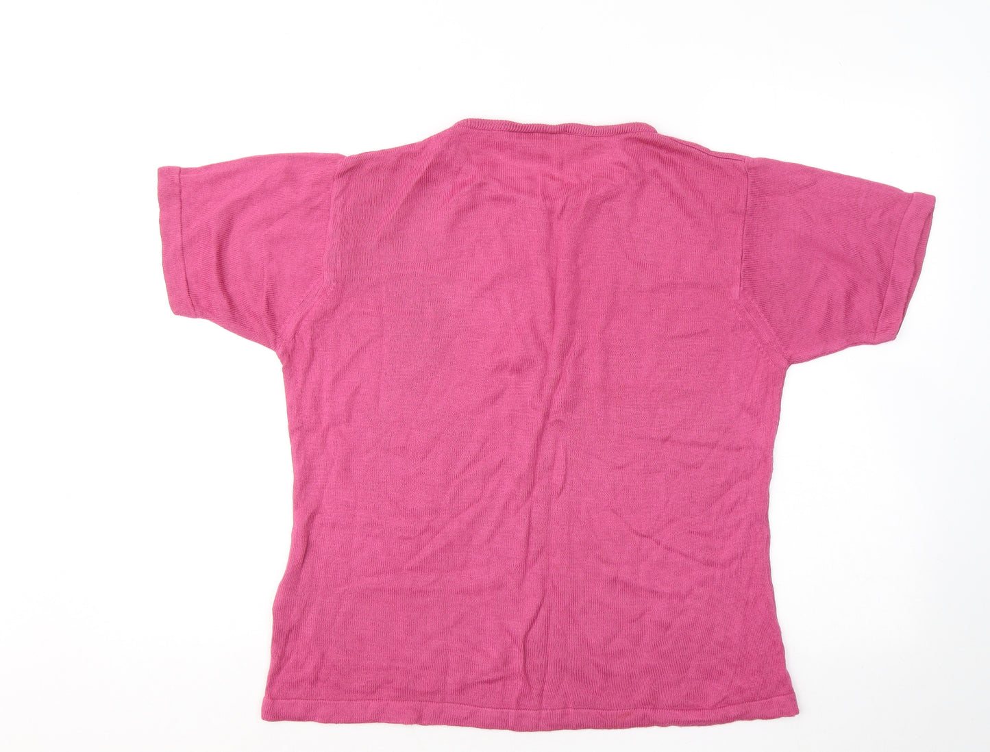 Janique Womens Pink Acrylic Basic T-Shirt Size M Round Neck