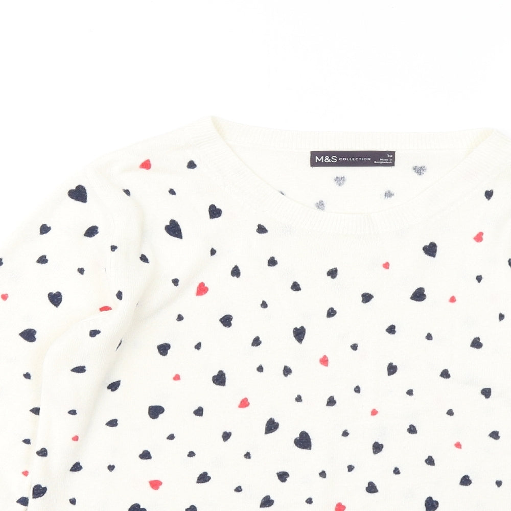 Marks and Spencer Womens White Round Neck Geometric Acrylic Pullover Jumper Size 10