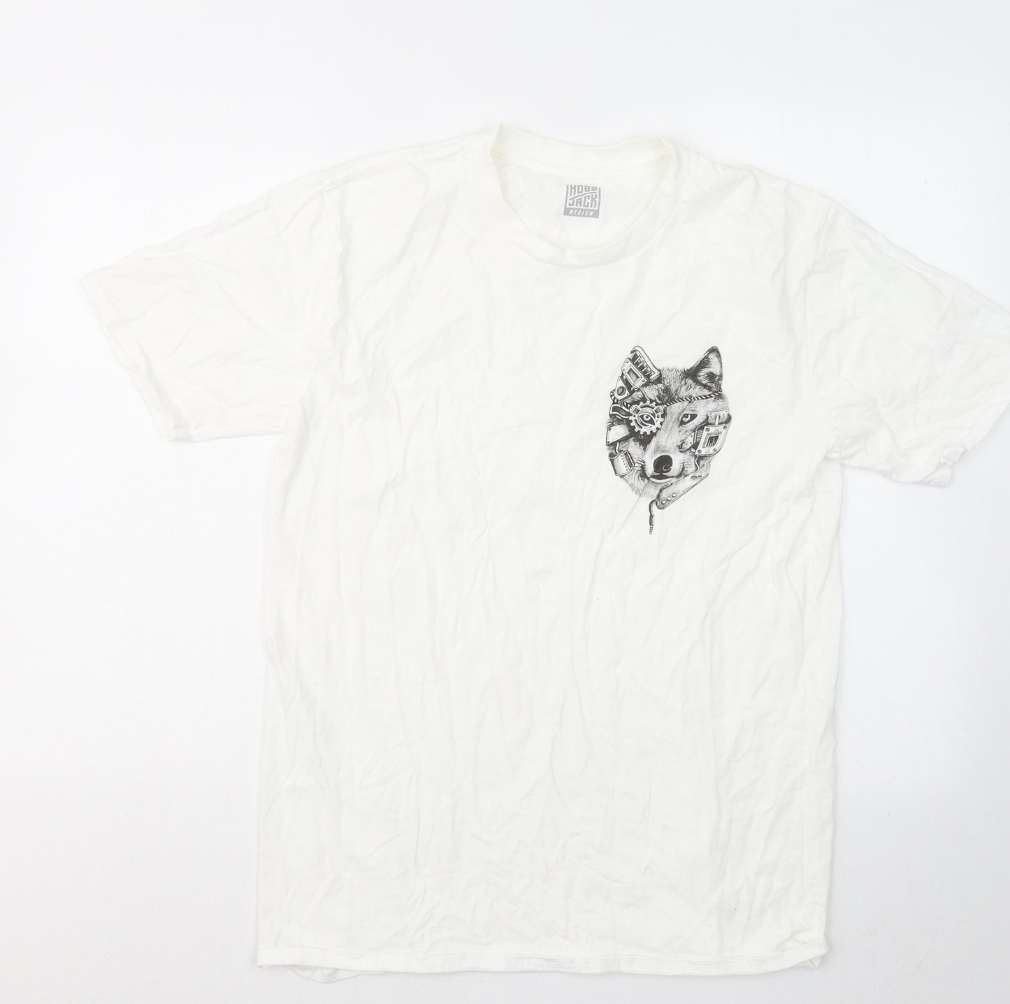 Hobo Jack Mens White Cotton T-Shirt Size M Round Neck - Wolf