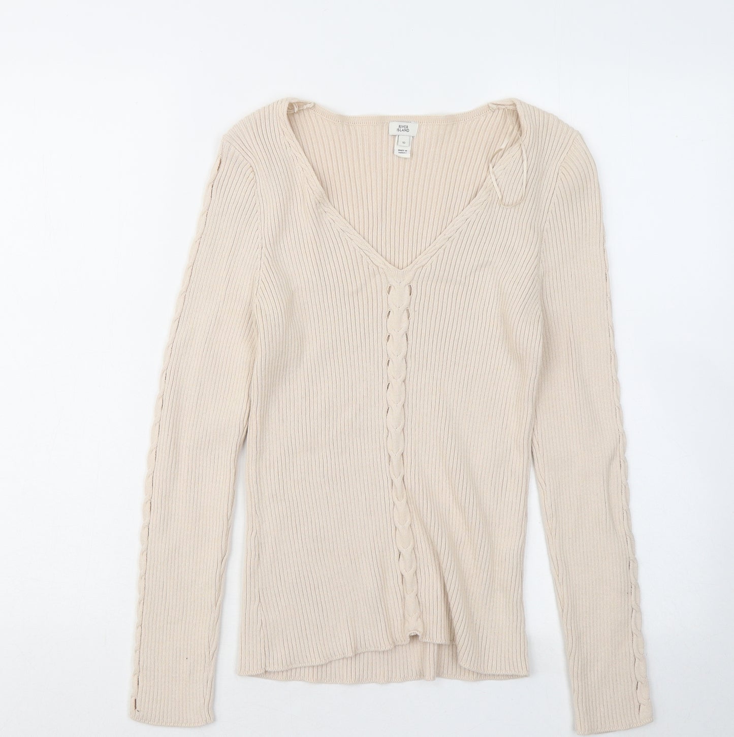 River Island Womens Beige V-Neck Cotton Pullover Jumper Size 10