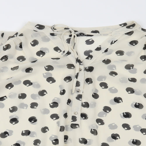 Moda Womens White Polka Dot Polyester Basic Blouse Size L V-Neck