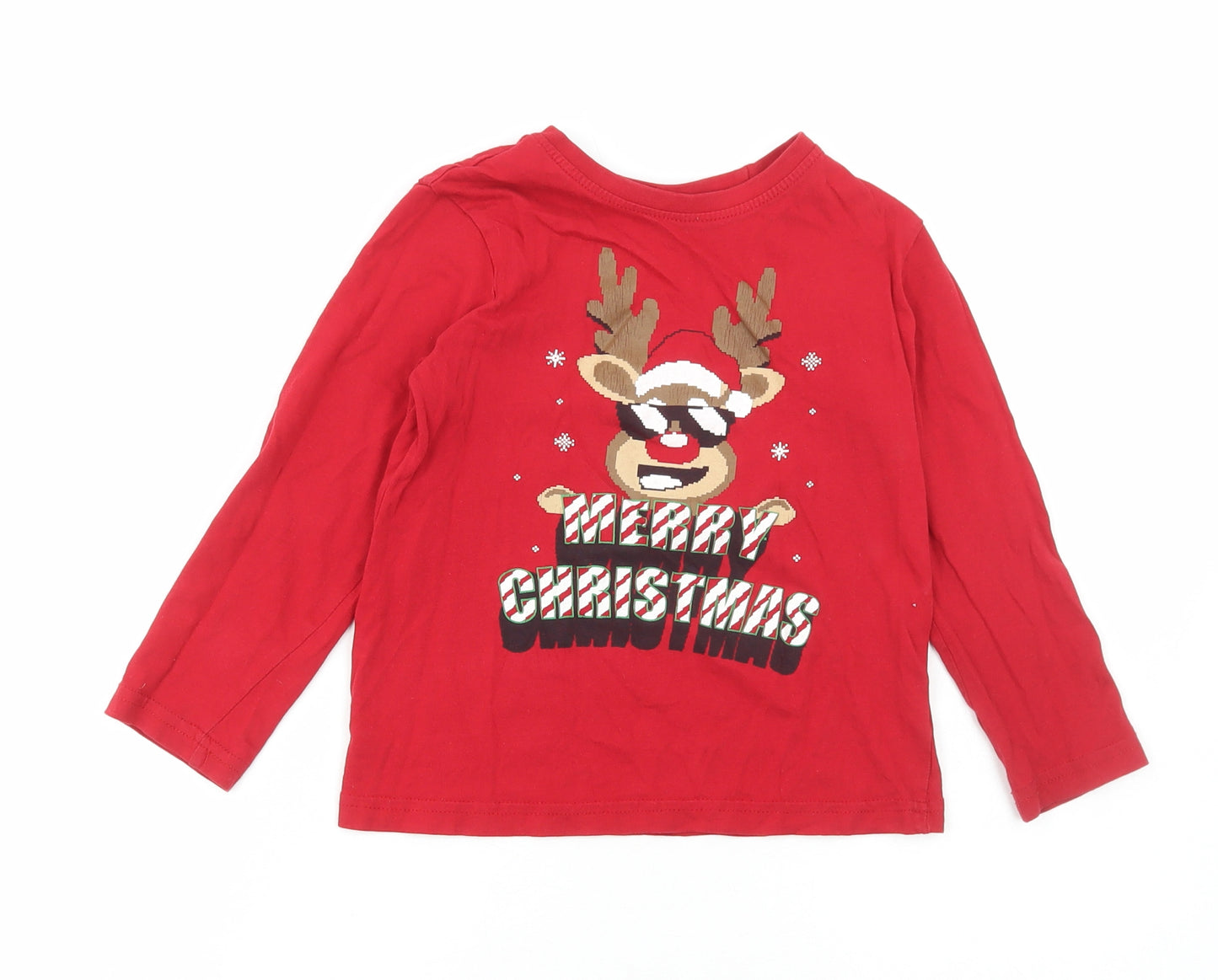 Primark Boys Red Cotton Basic T-Shirt Size 5-6 Years Round Neck - Merry Christmas