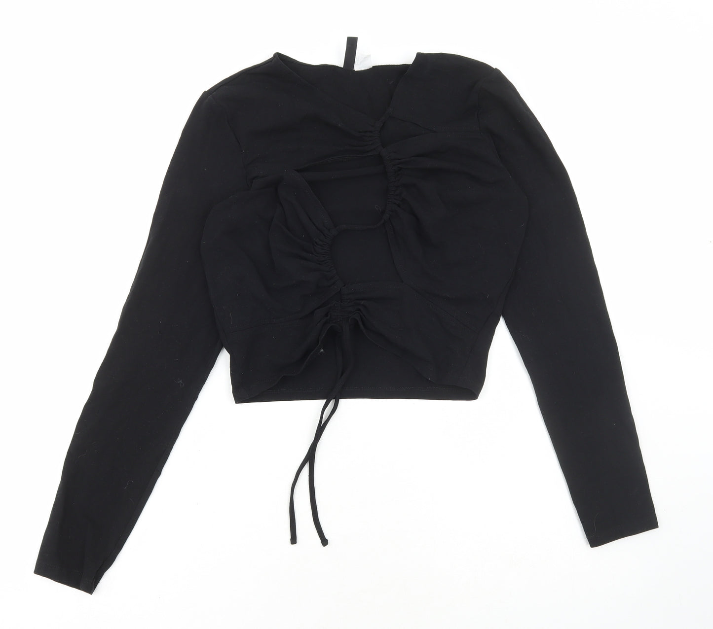 Divided by H&M Womens Black Cotton Cropped T-Shirt Size L V-Neck - Cut out
