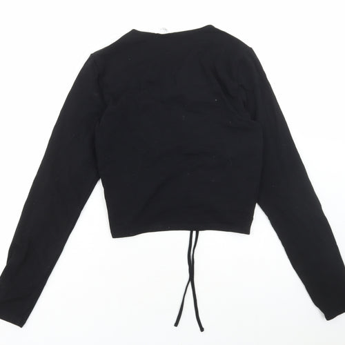 Divided by H&M Womens Black Cotton Cropped T-Shirt Size L V-Neck - Cut out