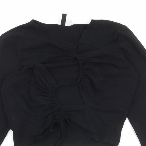 Divided by H&M Womens Black Cotton Cropped T-Shirt Size L V-Neck - Cut out