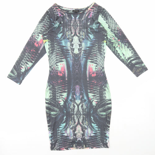 River Island Womens Multicoloured Geometric Polyester Bodycon Size 6 Round Neck