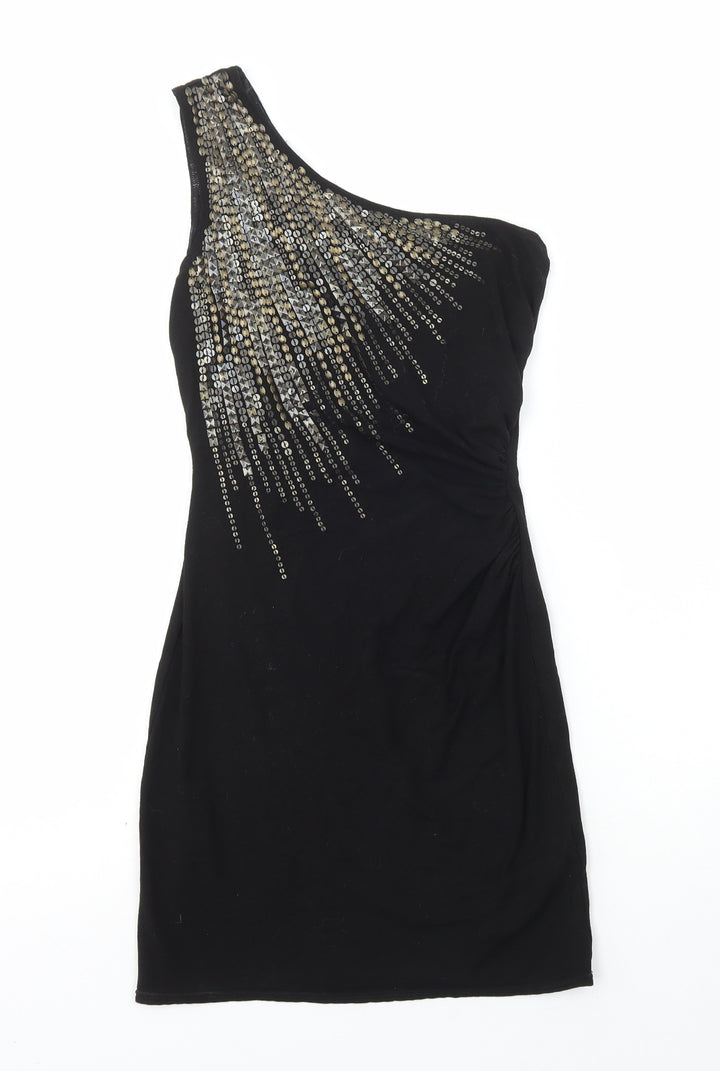 Warehouse Womens Black Viscose Bodycon Size 8 One Shoulder