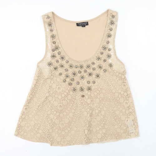 Topshop Womens Gold Polyester Camisole Tank Size 8 Round Neck - Lace Detail
