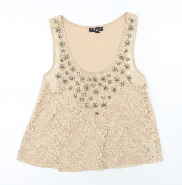 Topshop Womens Gold Polyester Camisole Tank Size 8 Round Neck - Lace Detail