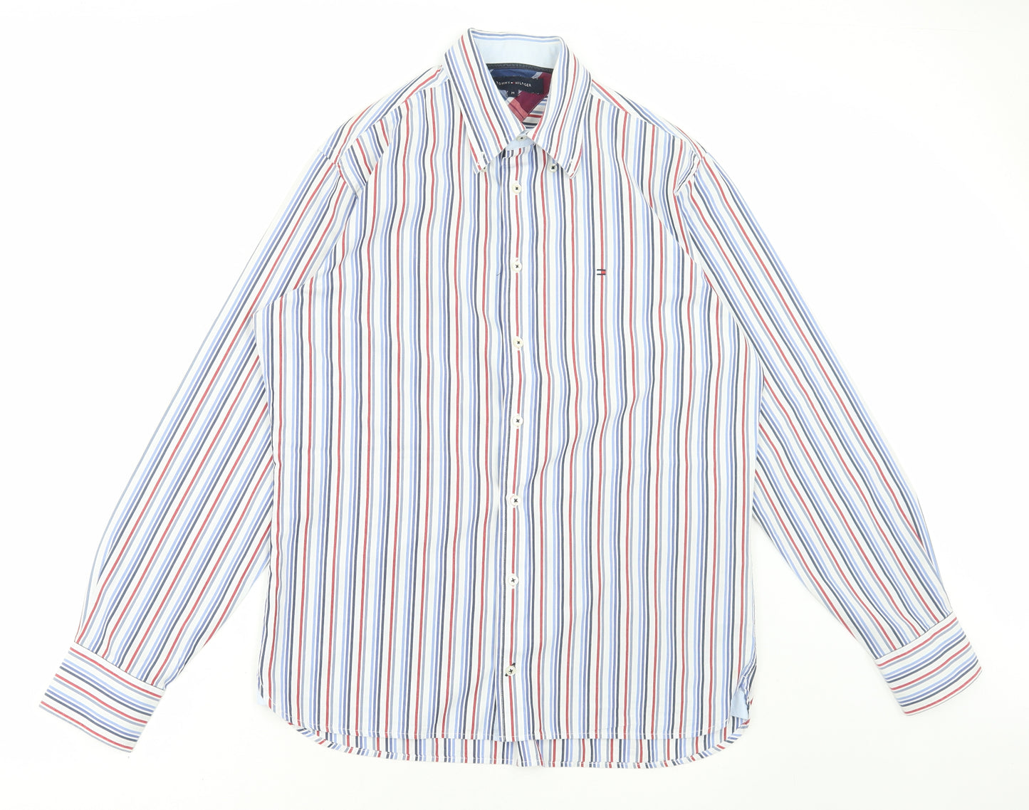 Tommy Hilfiger Mens White Striped Cotton Dress Shirt Size M Collared