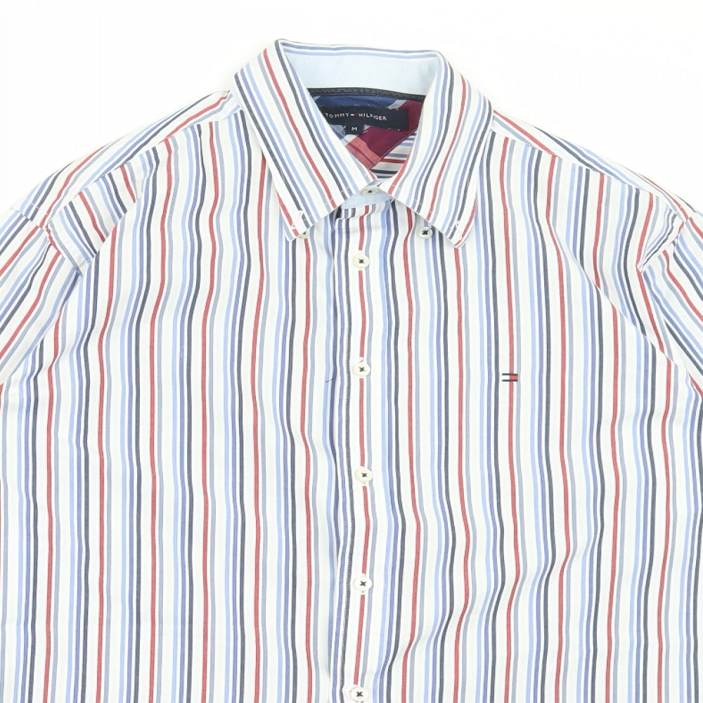 Tommy Hilfiger Mens White Striped Cotton Dress Shirt Size M Collared