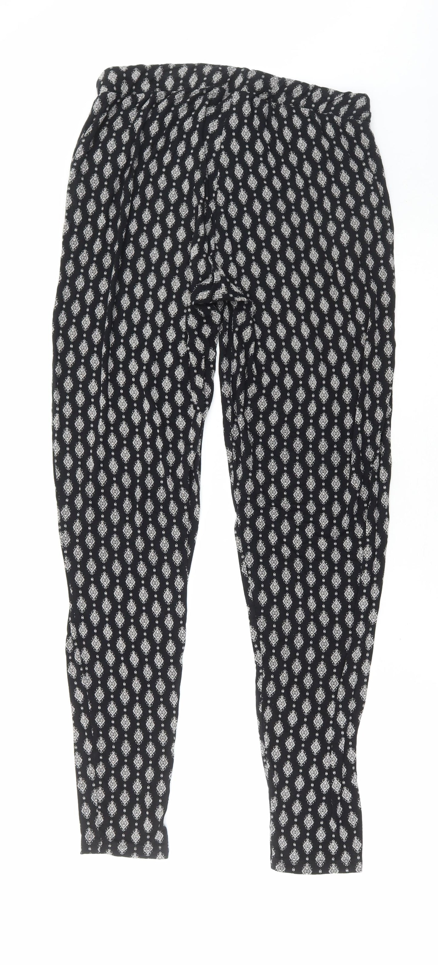 NEXT Womens Black Geometric Viscose Trousers Size 12 L30 in Regular