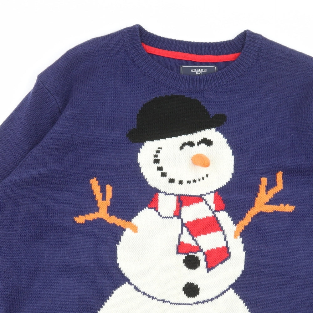 BHS Mens Blue Round Neck Acrylic Pullover Jumper Size XL - Snowman/Christmas
