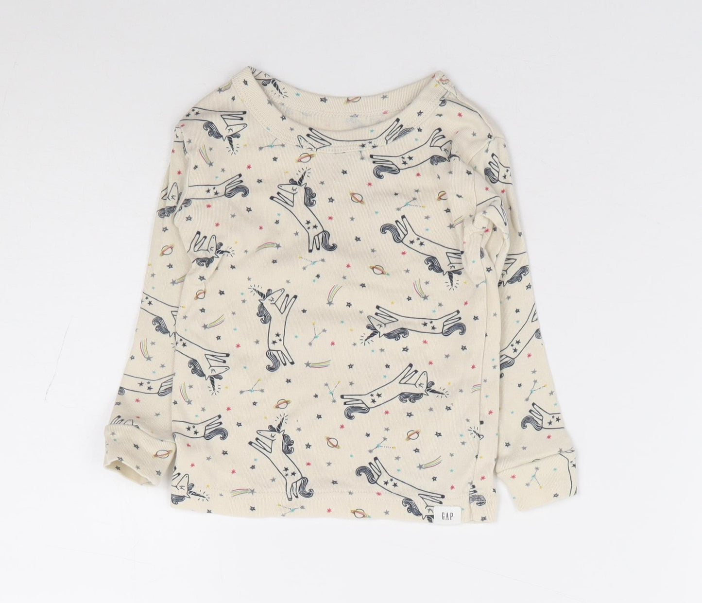 Baby Gap Girls Beige Geometric 100% Cotton Jersey T-Shirt Size 18-24 Months Crew Neck Pullover - Unicorn