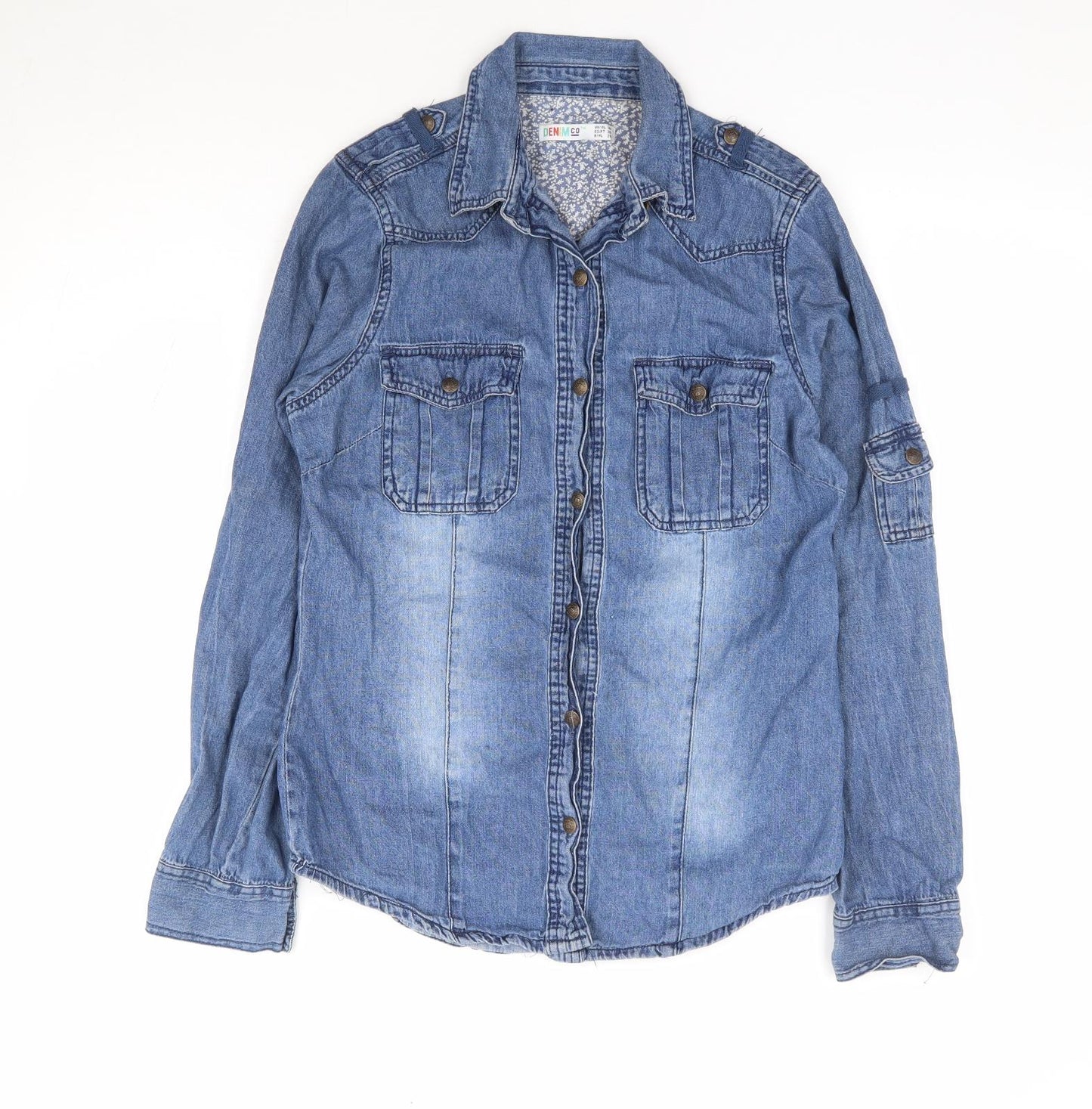 Primark Womens Blue 100% Cotton Jersey Button-Up Size 10 Collared