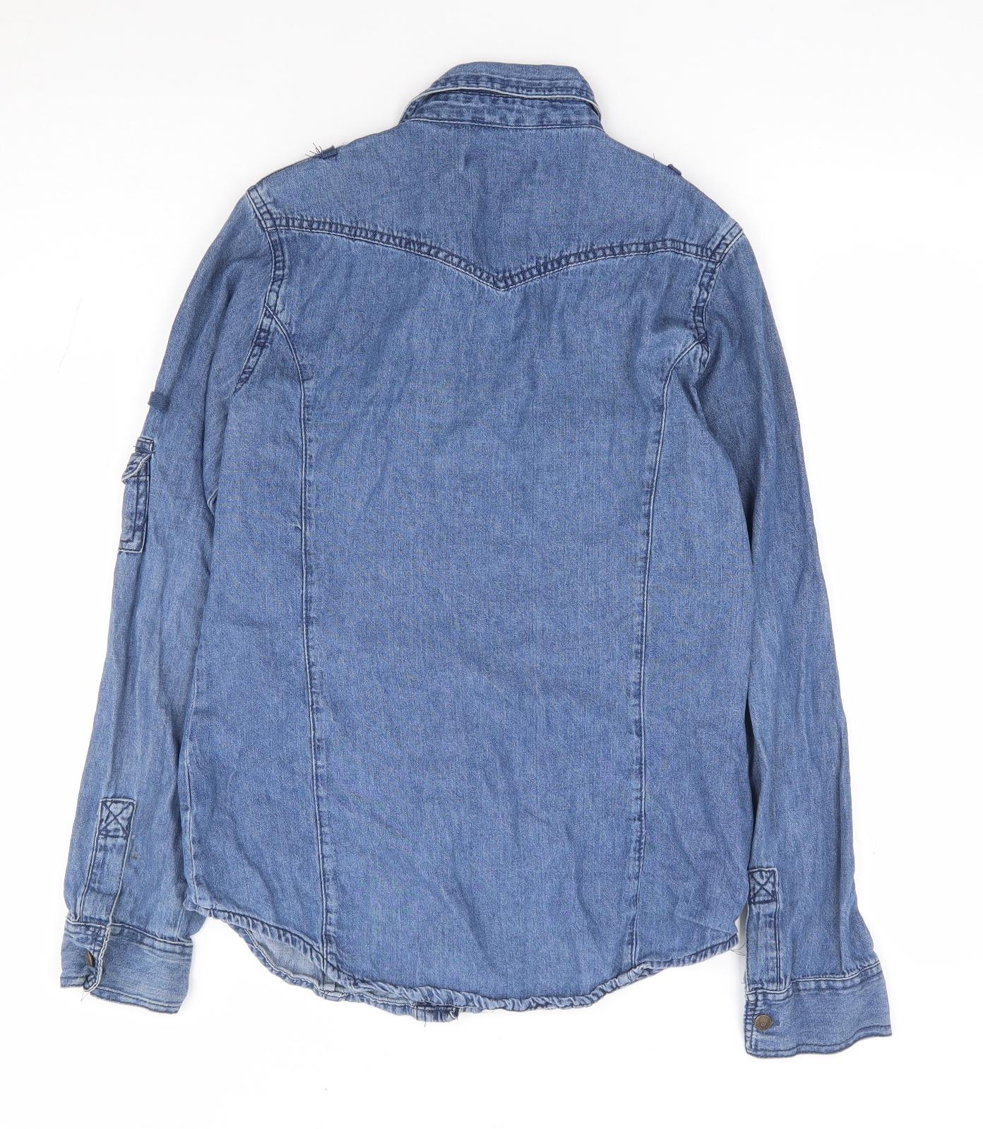 Primark Womens Blue 100% Cotton Jersey Button-Up Size 10 Collared