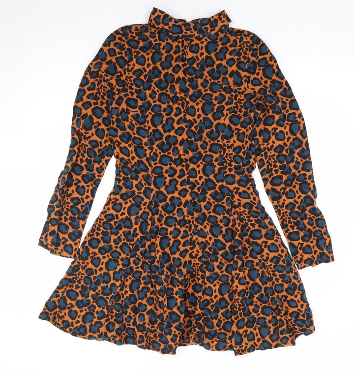 Topshop Womens Brown Animal Print Viscose Fit & Flare Size 10 High Neck Zip
