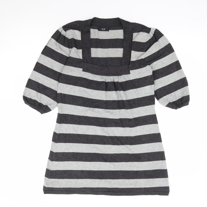 F&F Womens Grey Square Neck Striped Viscose Tunic Jumper Size 10