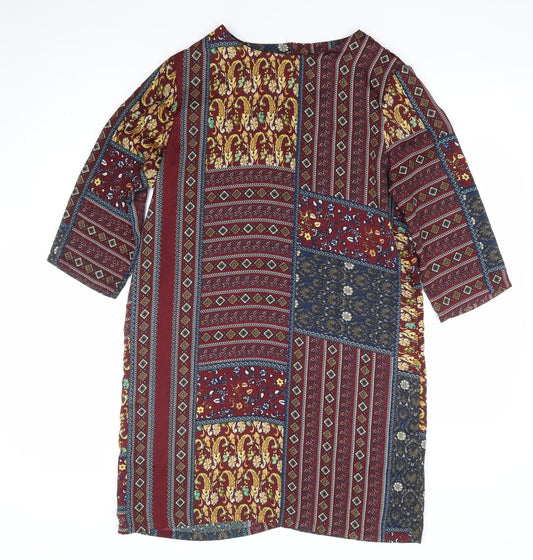 Front view of Boohoo women’s multicoloured geometric polyester shift, size UK 10, round neck zip
