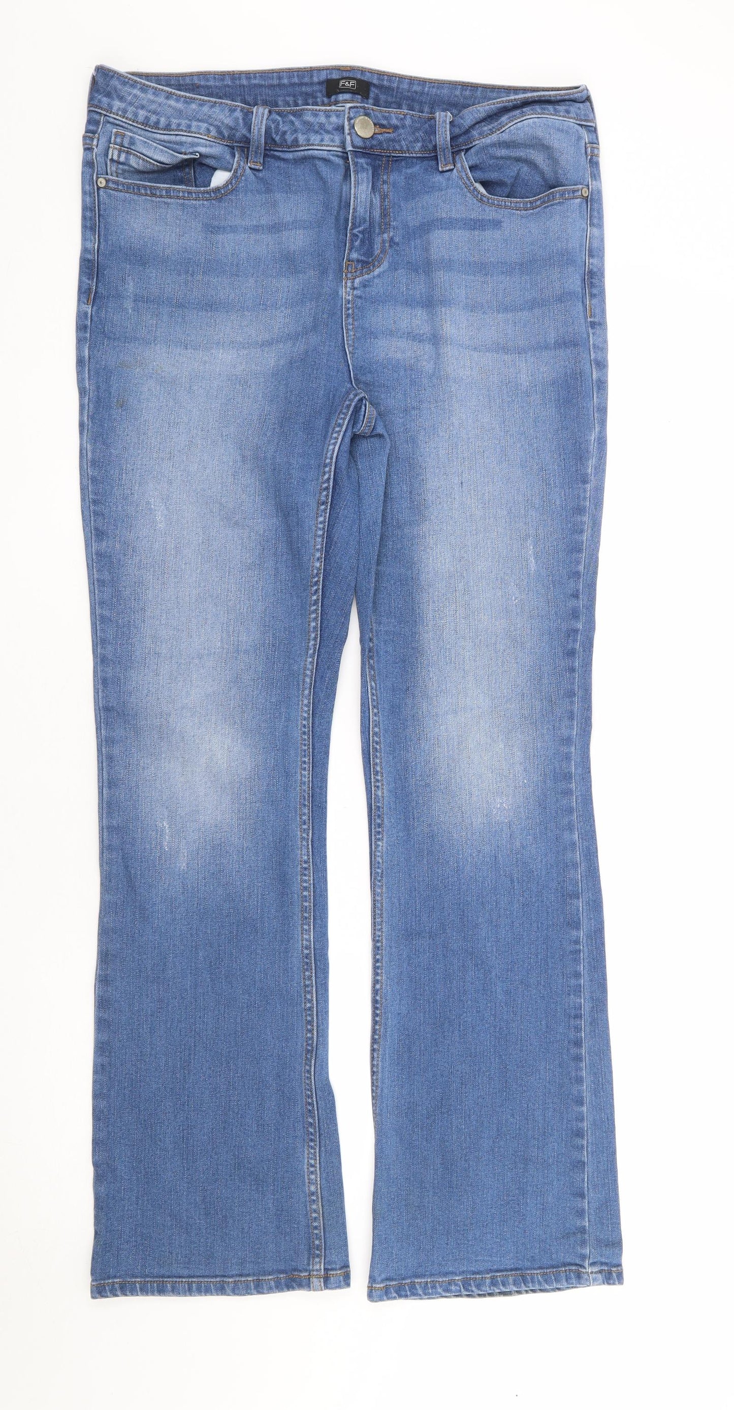 F&F Womens Blue Cotton Flared Jeans Size 12 L30 in Regular Zip