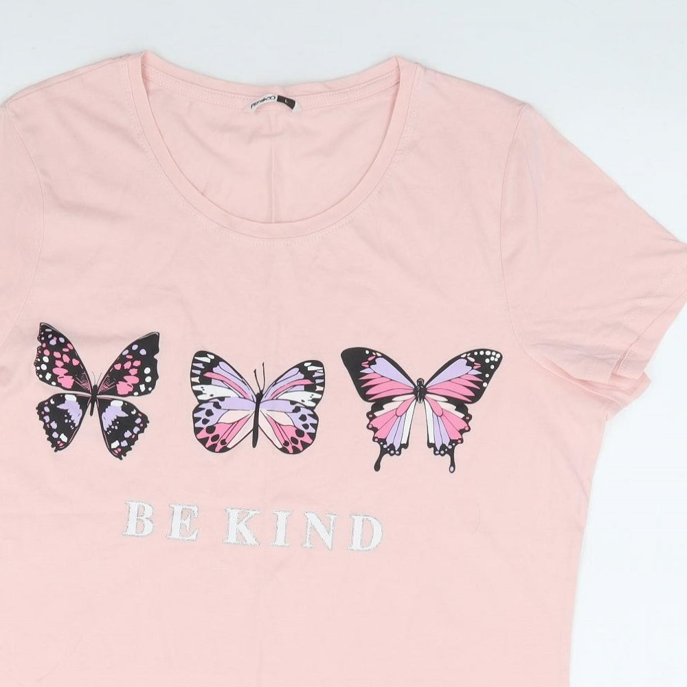 Pep & Co Womens Pink 100% Cotton Jersey T-Shirt Size L Crew Neck - Butterfly/Be Kind