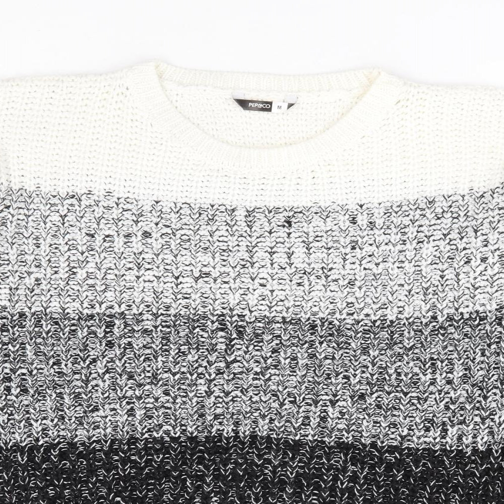 Pep & Co Womens Grey Round Neck Striped Acrylic Pullover Jumper Size M