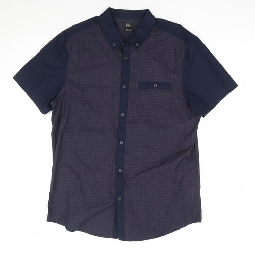 F&F Mens Blue Geometric Cotton Button-Up Size L Collared Button