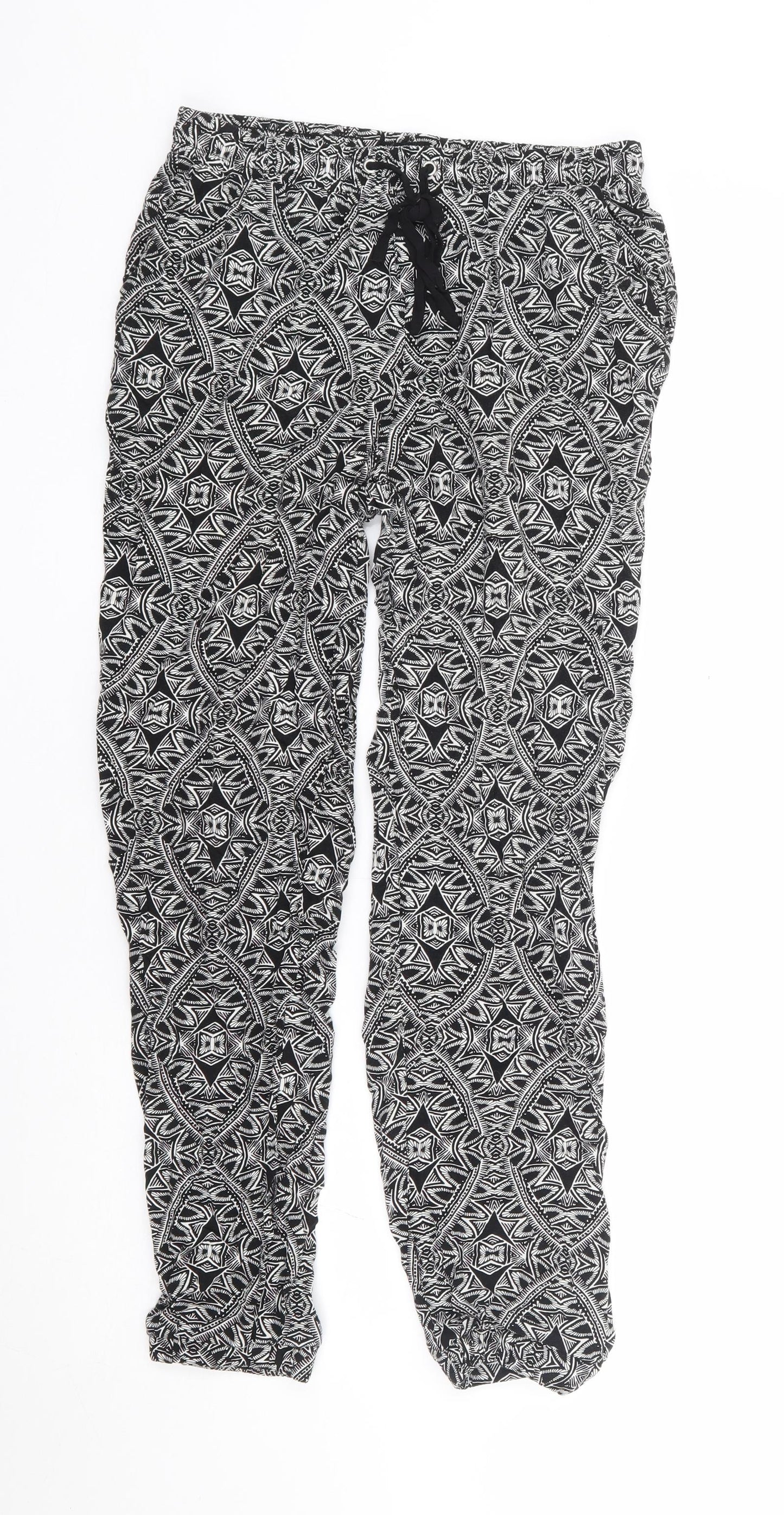 New Look Womens Black Geometric Viscose Harem Trousers Size 10 L26 in Regular Drawstring