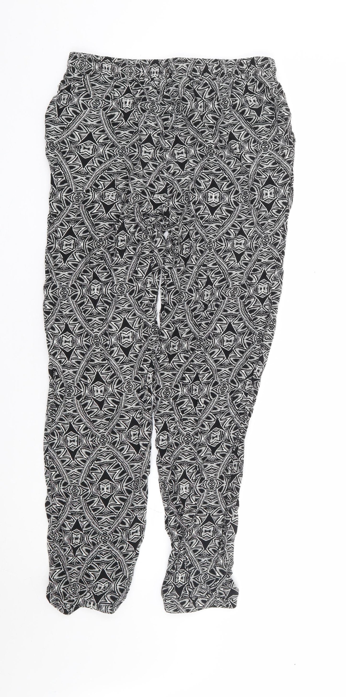 New Look Womens Black Geometric Viscose Harem Trousers Size 10 L26 in Regular Drawstring