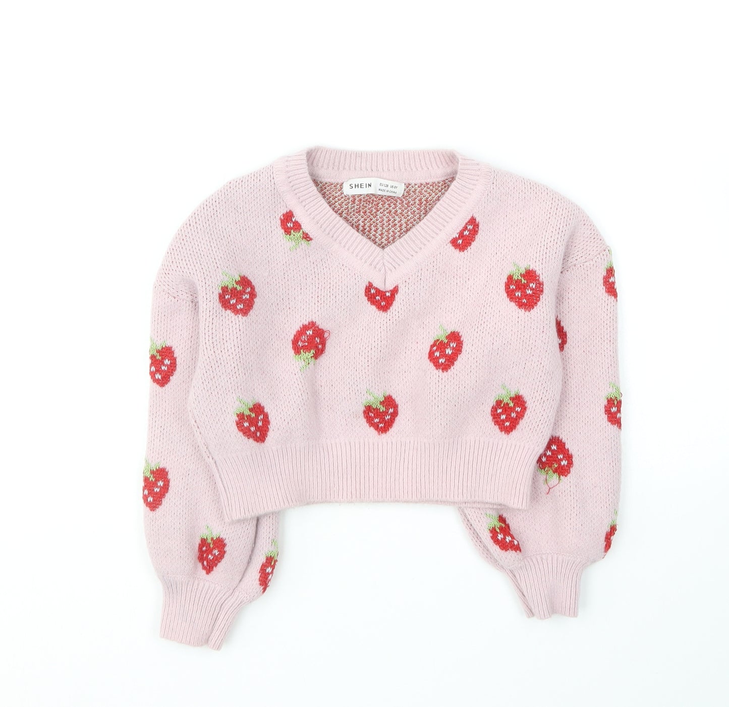 SheIn Girls Pink V-Neck Acrylic Pullover Jumper Size 8-9 Years - Strawberries