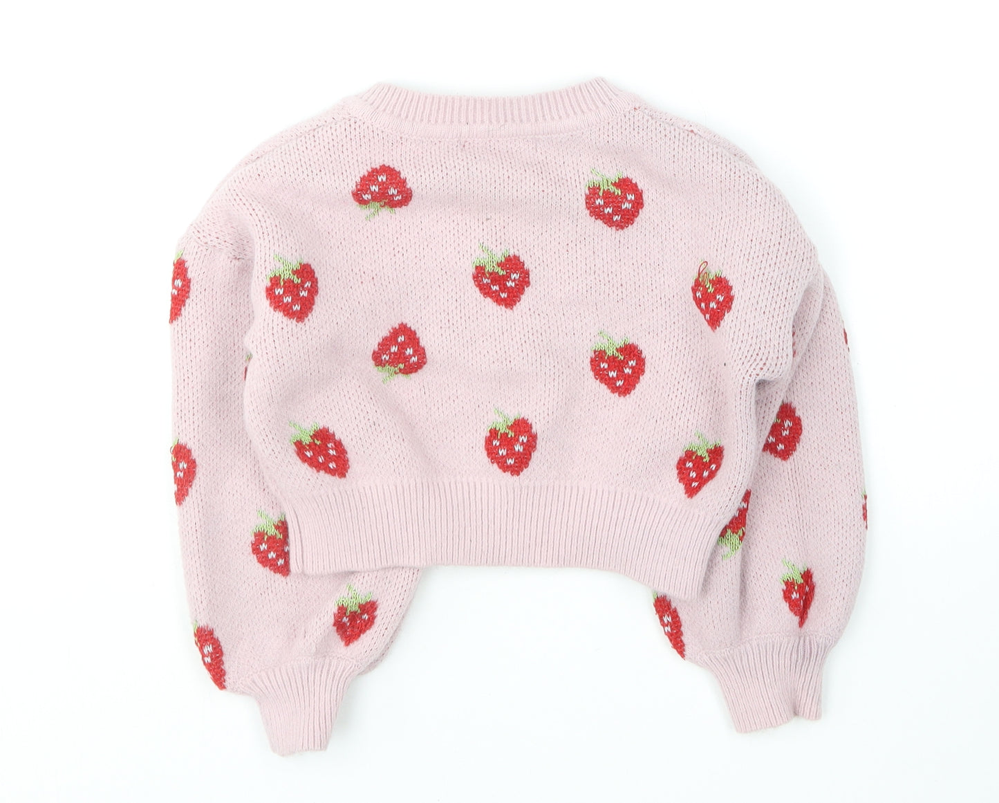SheIn Girls Pink V-Neck Acrylic Pullover Jumper Size 8-9 Years - Strawberries
