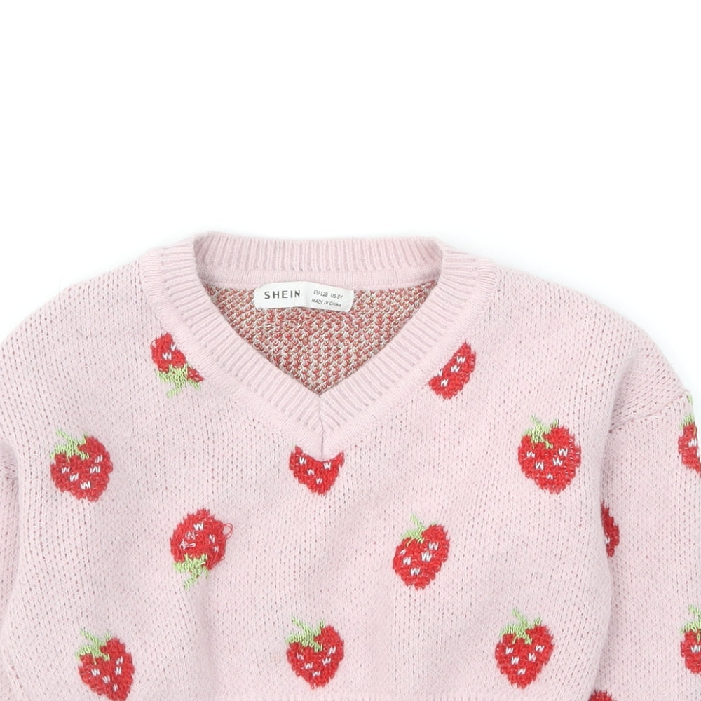 SheIn Girls Pink V-Neck Acrylic Pullover Jumper Size 8-9 Years - Strawberries