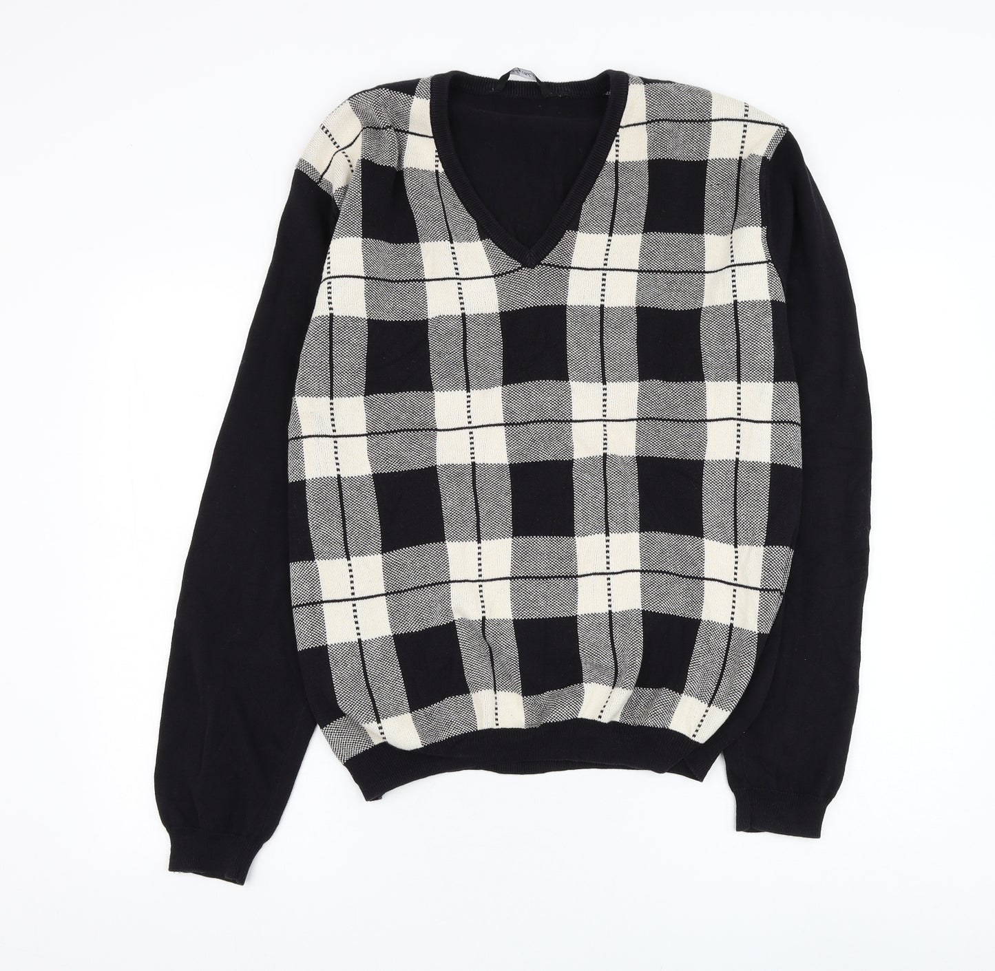 Riley Black Mens Black V-Neck Check Cotton Pullover Jumper Size XL