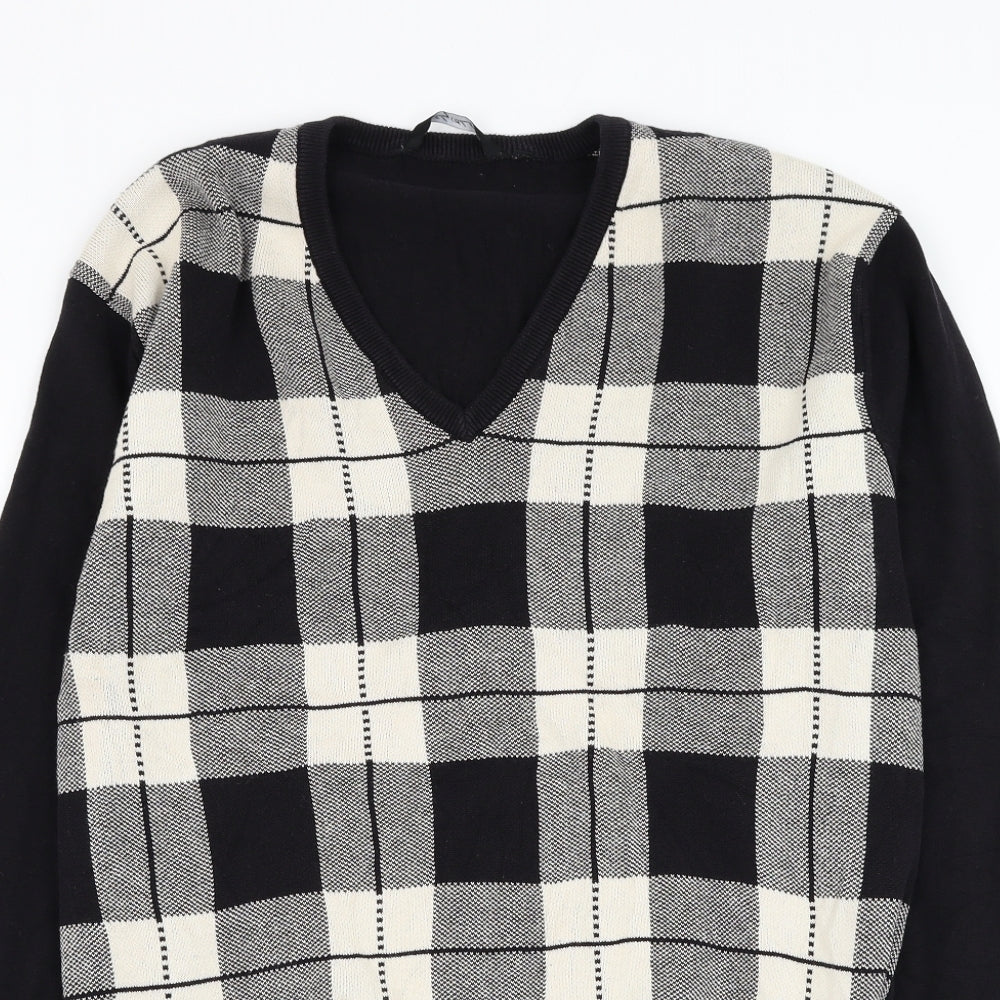 Riley Black Mens Black V-Neck Check Cotton Pullover Jumper Size XL