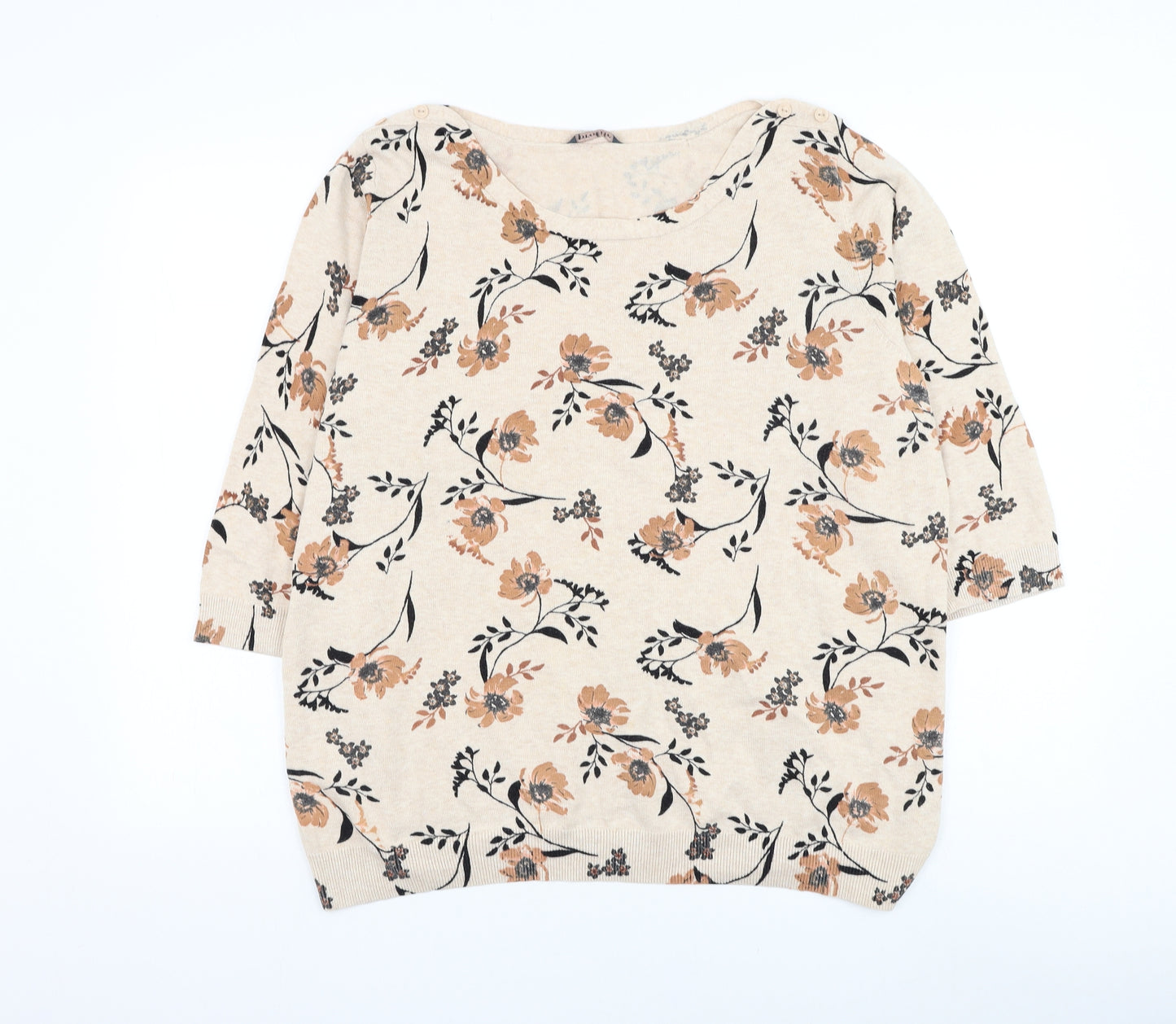 BHS Womens Beige Round Neck Floral Cotton Pullover Jumper Size 20