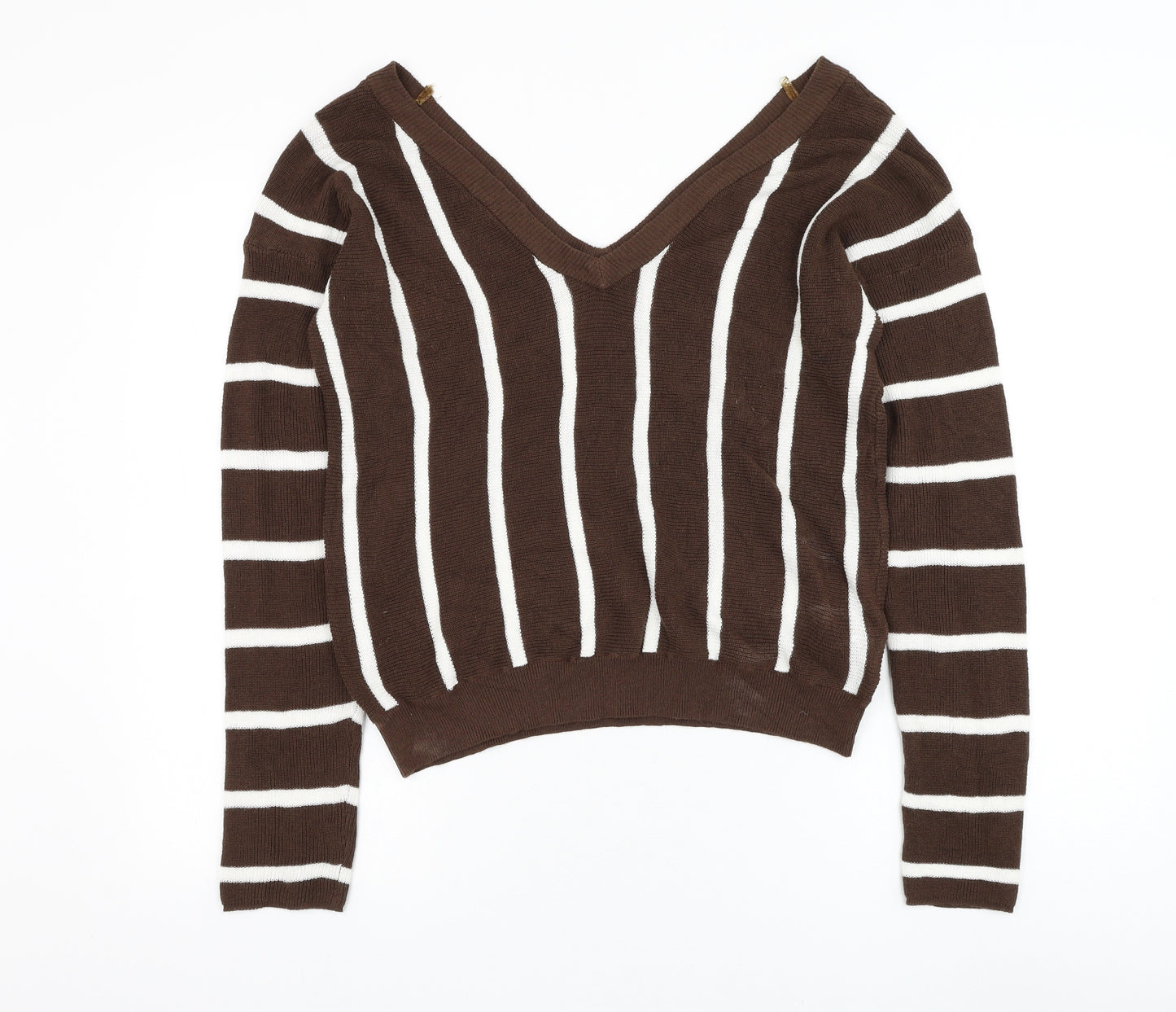 Preworn Womens Brown V-Neck Striped Cotton Pullover Jumper Size S