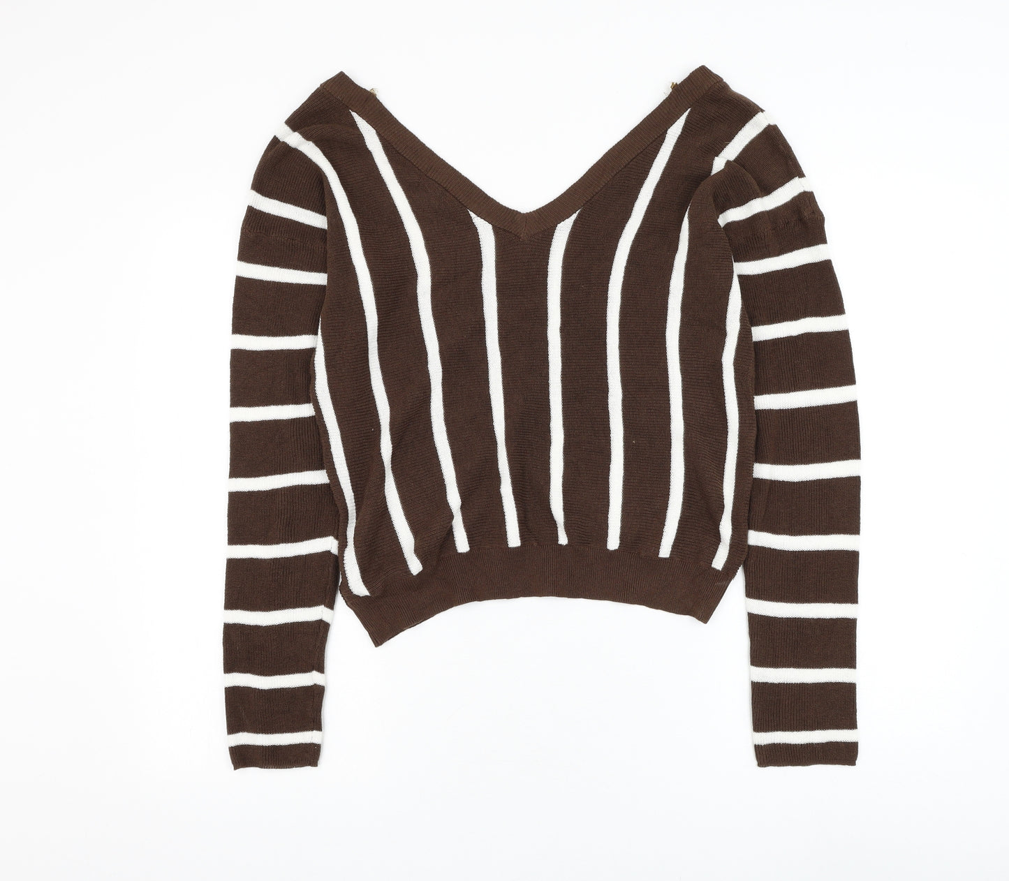 Preworn Womens Brown V-Neck Striped Cotton Pullover Jumper Size S