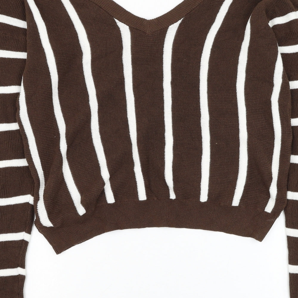 Preworn Womens Brown V-Neck Striped Cotton Pullover Jumper Size S