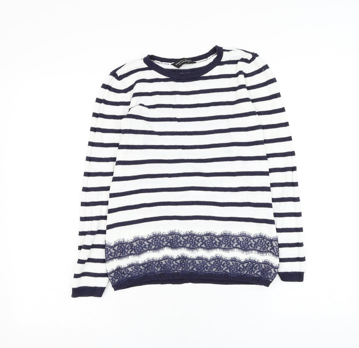 Dorothy Perkins Womens White Round Neck Striped Viscose Pullover Jumper Size 8