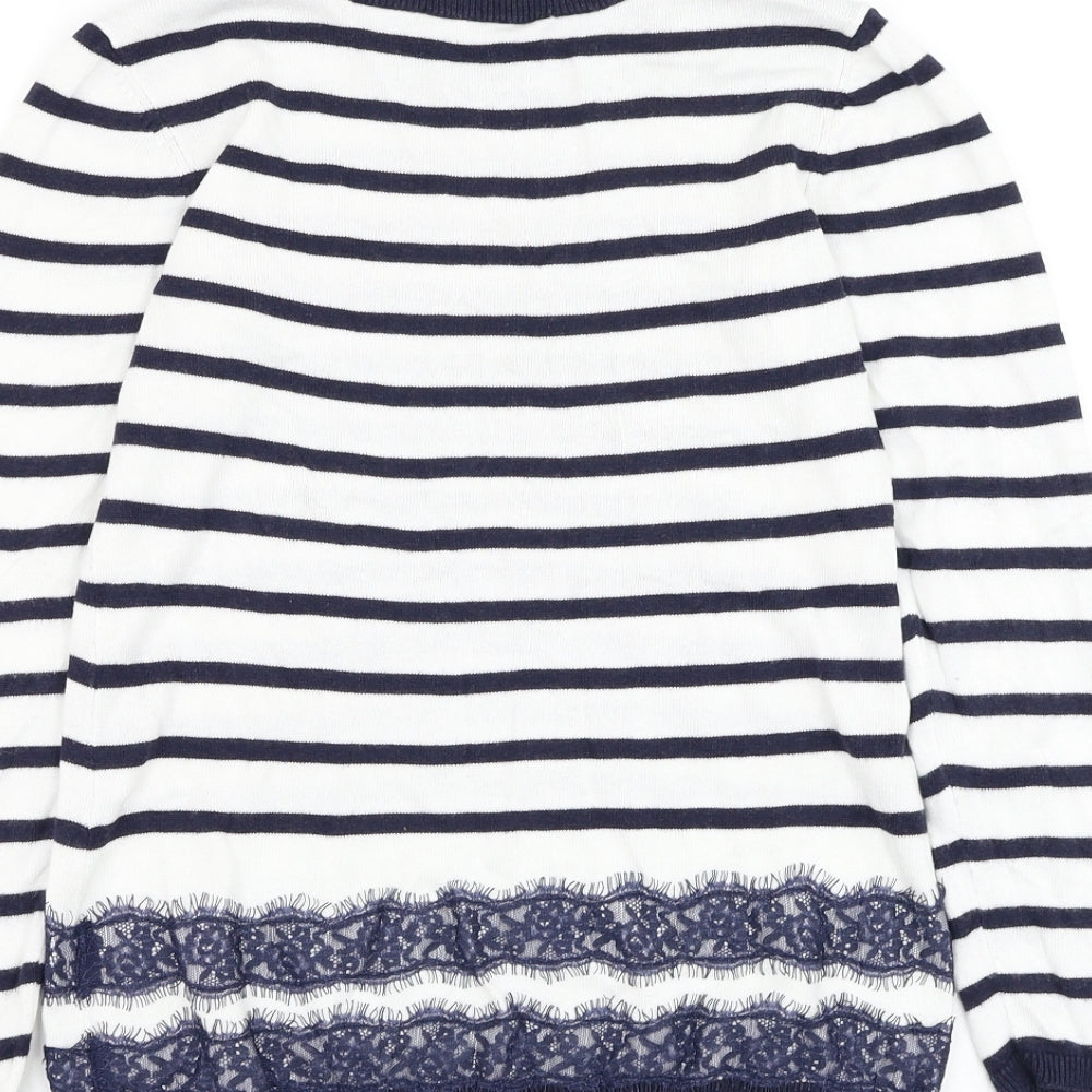 Dorothy Perkins Womens White Round Neck Striped Viscose Pullover Jumper Size 8