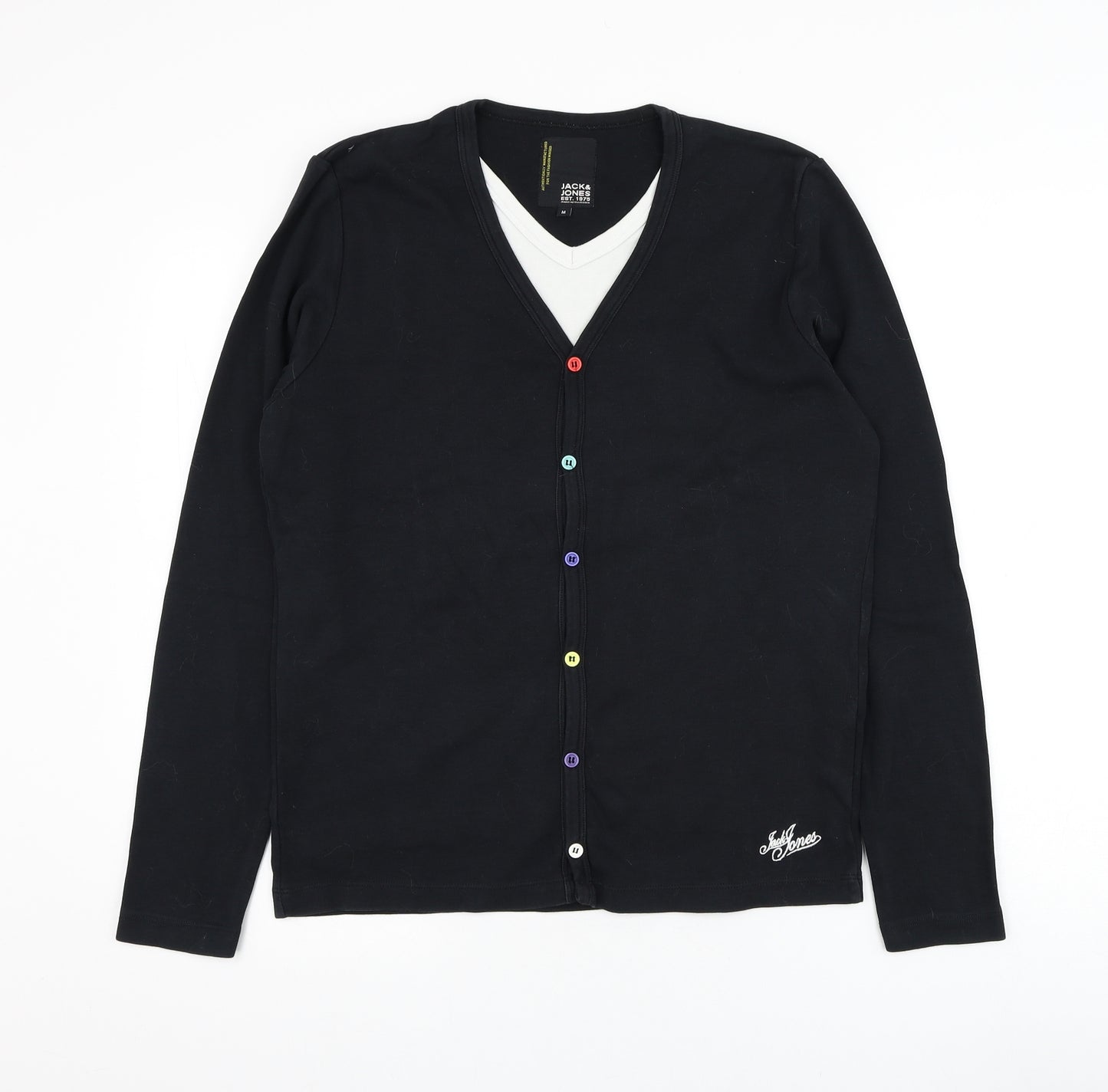 JACK & JONES Mens Black V-Neck Cotton Cardigan Jumper Size M