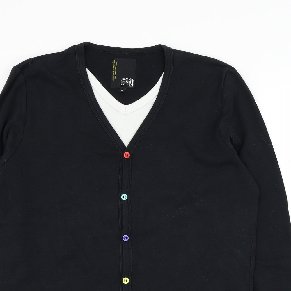 JACK & JONES Mens Black V-Neck Cotton Cardigan Jumper Size M