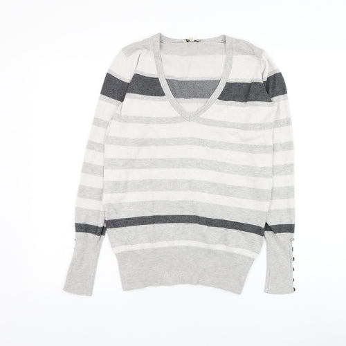 Papaya Womens Grey V-Neck Striped Viscose Pullover Jumper Size 12