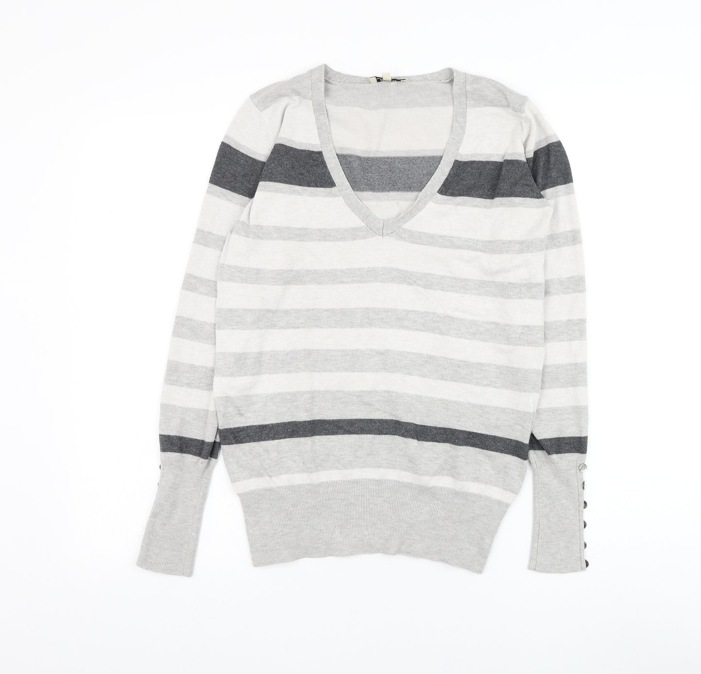 Papaya Womens Grey V-Neck Striped Viscose Pullover Jumper Size 12
