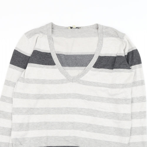 Papaya Womens Grey V-Neck Striped Viscose Pullover Jumper Size 12