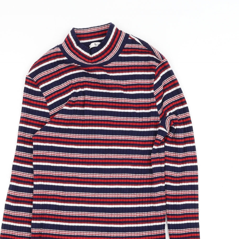 TU Womens Blue Mock Neck Striped Polyester Pullover Jumper Size 8