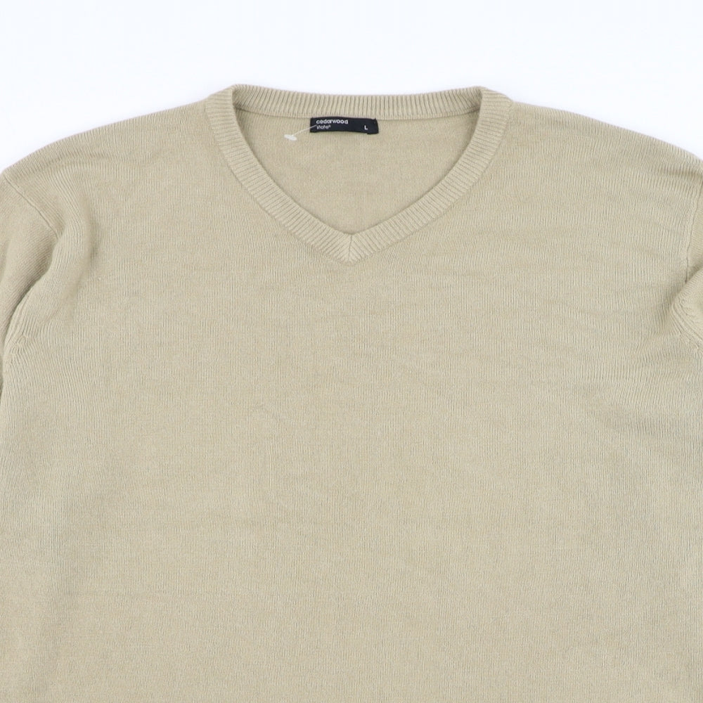 Cedar Wood State Mens Brown V-Neck Acrylic Pullover Jumper Size L