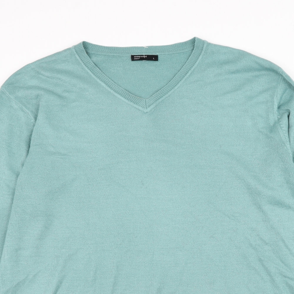 Cedar Wood State Mens Blue V-Neck Acrylic Pullover Jumper Size L
