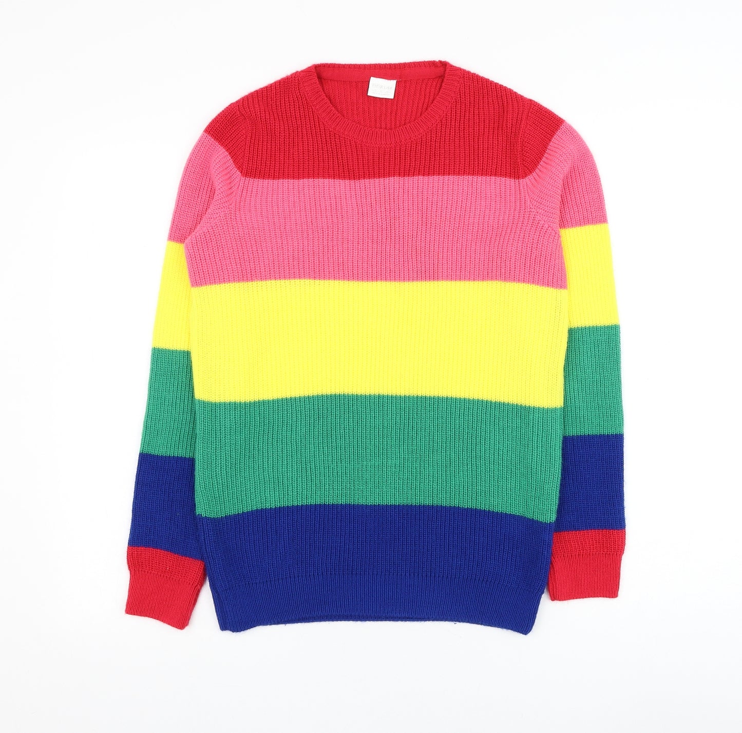 F&F Girls Multicoloured Round Neck Striped Acrylic Pullover Jumper Size 13-14 Years Pullover